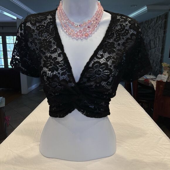 Vintage black sheer lace top, sexy see-through floral mesh blouse, gothic y2k L - Picture 3 of 9